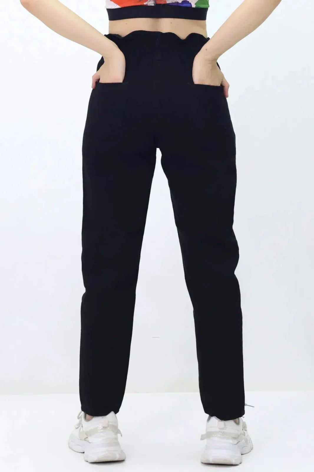 Kadın Beli Lastikli Kot Pantolon Siyah - The Velavois