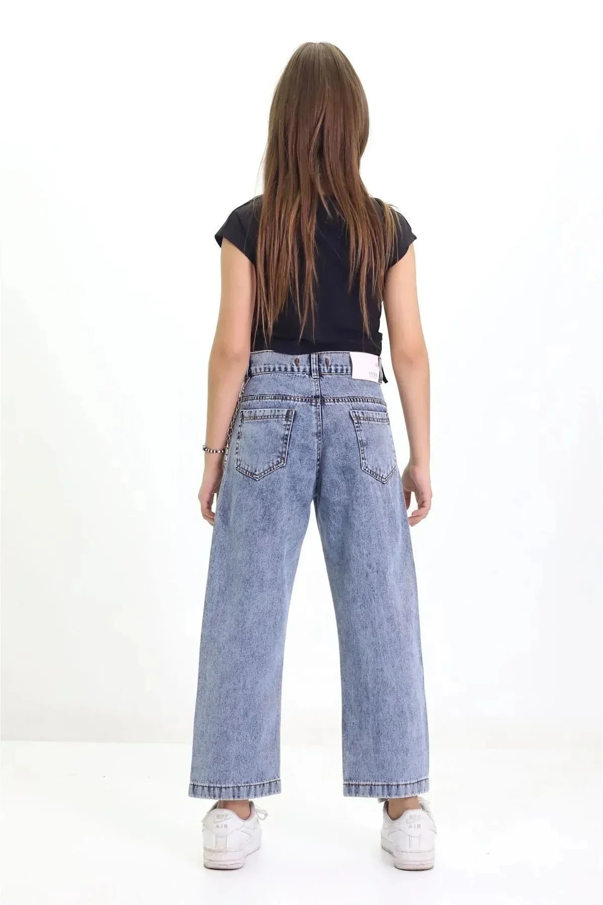 Kız Çocuk Zincir Detaylı Kot Pantolon Mavi - The Velavois