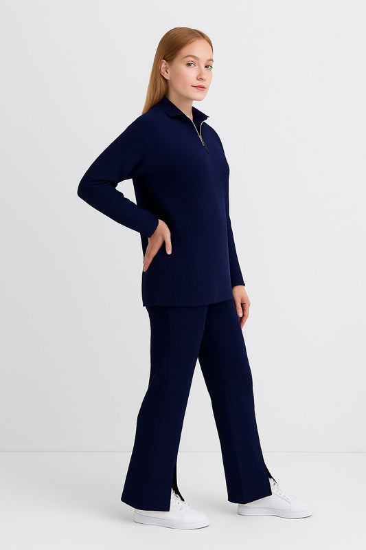 Kadın Fermuar Detaylı Triko Alt Üst Takım Lacivert - The Velavois