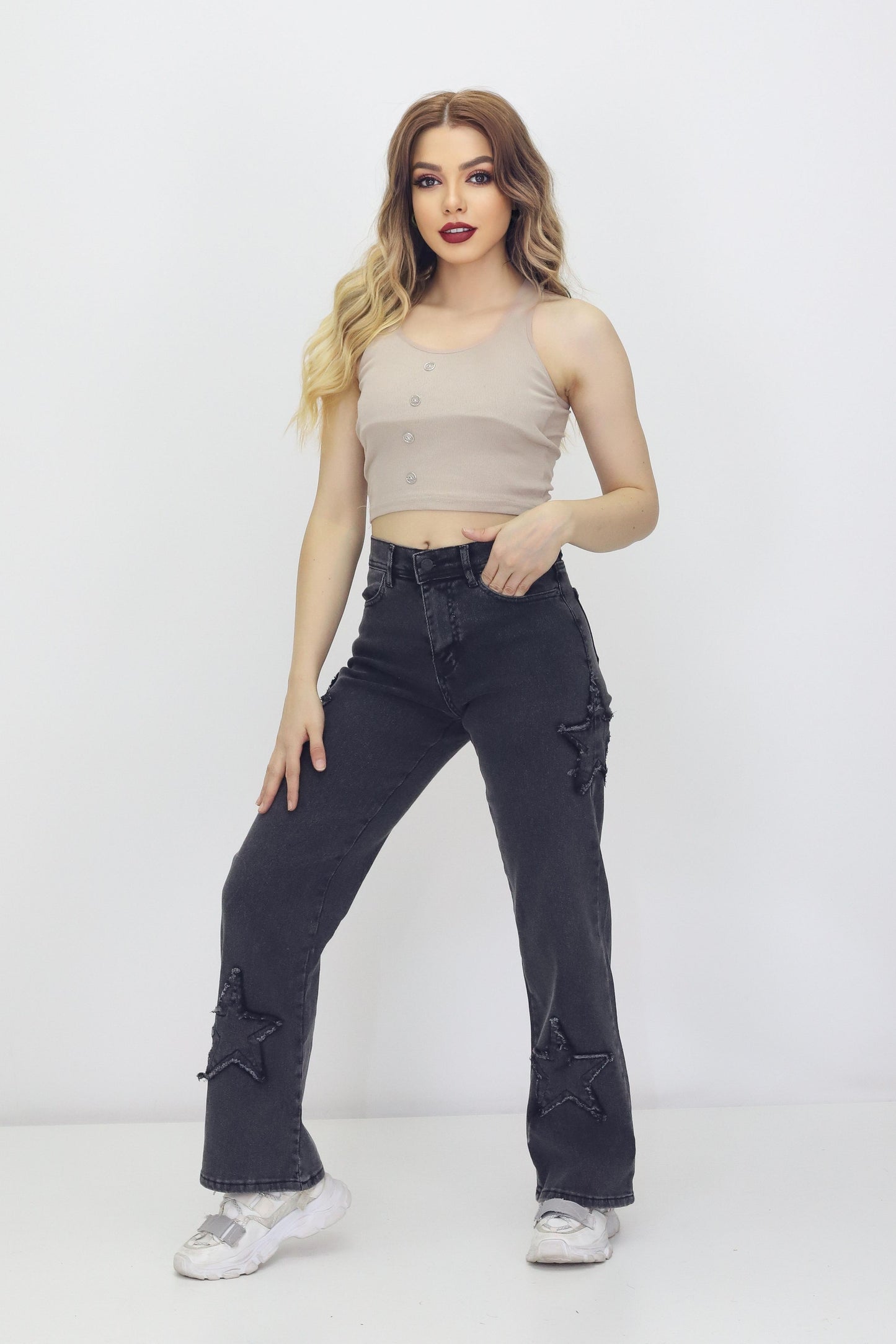 Kadın 4 Yıldız Detaylı Kot Pantolon – Yüksek Bel, Bol Paça, Mom Jeans