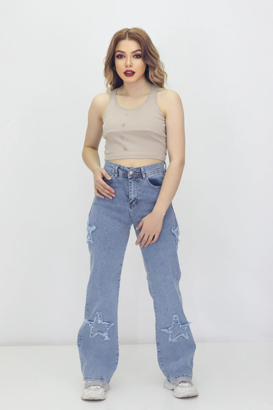 Kadın 4 Yıldız Detaylı Kot Pantolon Buz Mavi - The Velavois