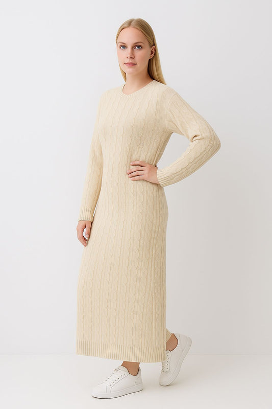 Kadın Örgü Desenli Triko Elbise Bej - The Velavois