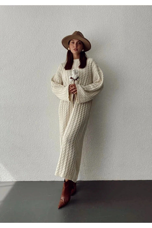 Kadın Örgü Desenli Triko Uzun Elbise Bej - The Velavois