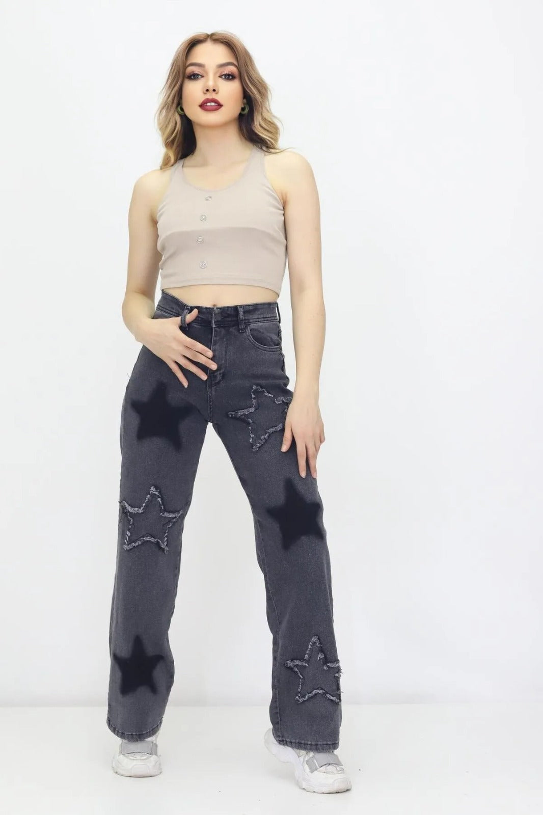 Kadın 6 Yıldız Detaylı Kot Pantolon – Yüksek Bel, Bol Paça, Mom Jeans