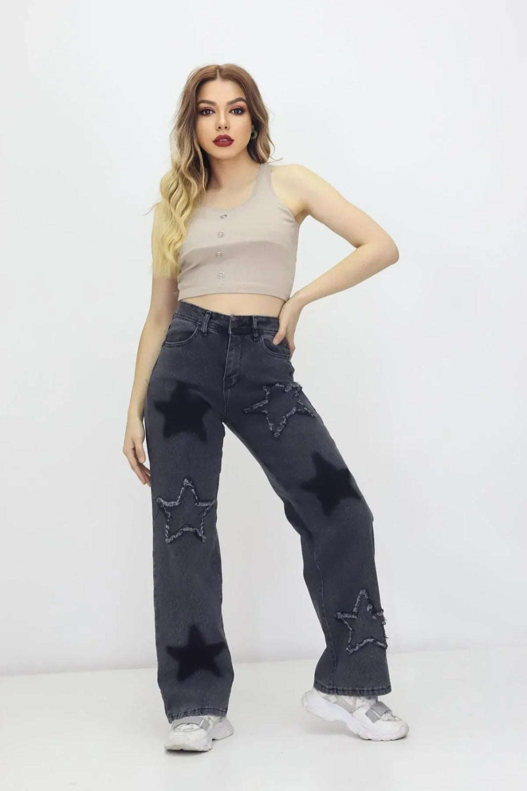 Kadın 6 Yıldız Detaylı Kot Pantolon – Yüksek Bel, Bol Paça, Mom Jeans