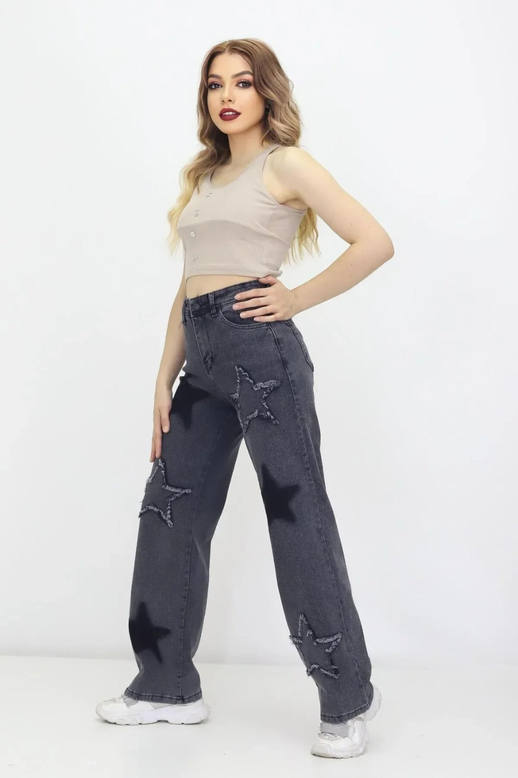 Kadın 6 Yıldız Detaylı Kot Pantolon – Yüksek Bel, Bol Paça, Mom Jeans