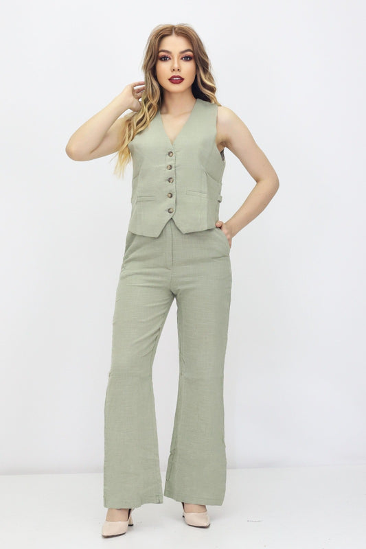 Kadın Alt Üst Keten Takım Yeşil - The Velavois