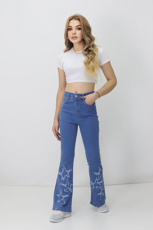 Kadın Paçası Yıldızlı İspanyol Paça Kot Pantolon Mavi - The Velavois