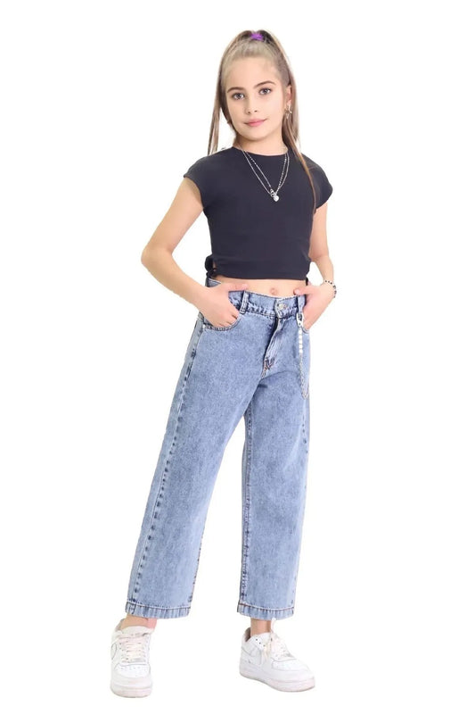 Kız Çocuk Zincir Detaylı Kot Pantolon – Yüksek Bel, Bol Paça, Mom Jeans