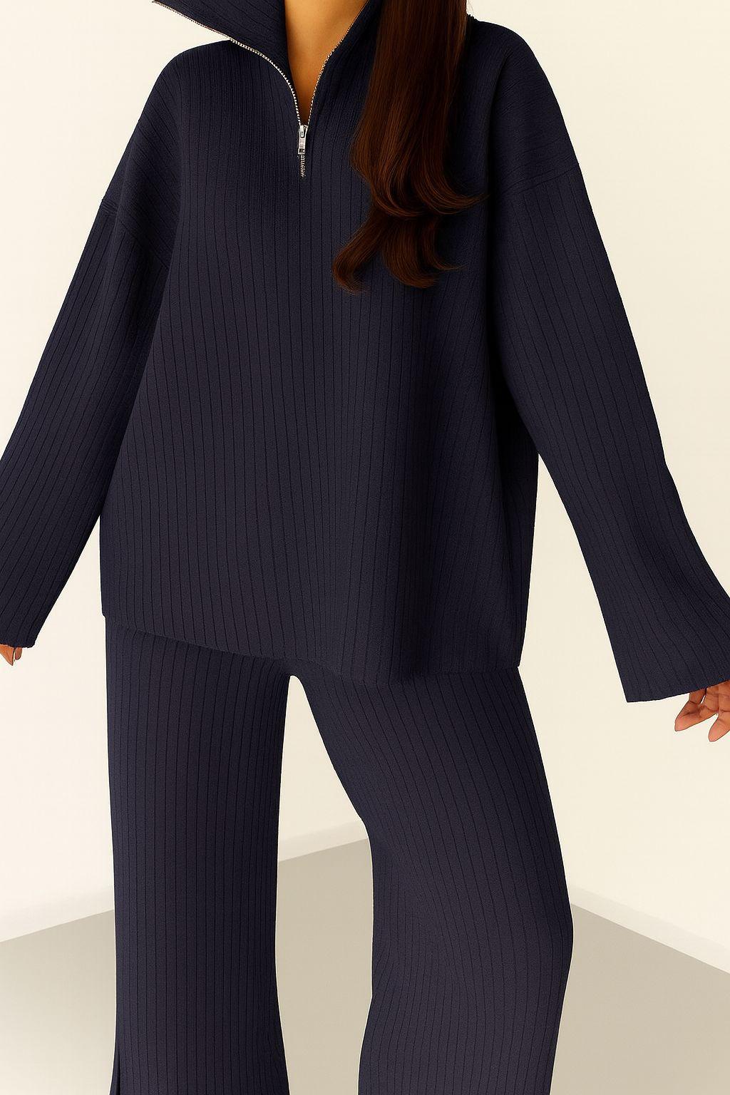 Kadın Fermuar Detaylı Triko Alt Üst Uzun Takım Lacivert - The Velavois