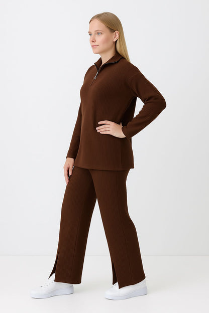 Kadın Fermuar Detaylı Triko Alt Üst Takım Kahverengi - The Velavois