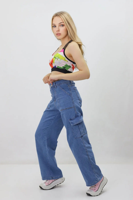 Kadın Kargo Cepli Kot Pantolon – Yüksek Bel, Bol Paça, Mom Jeans