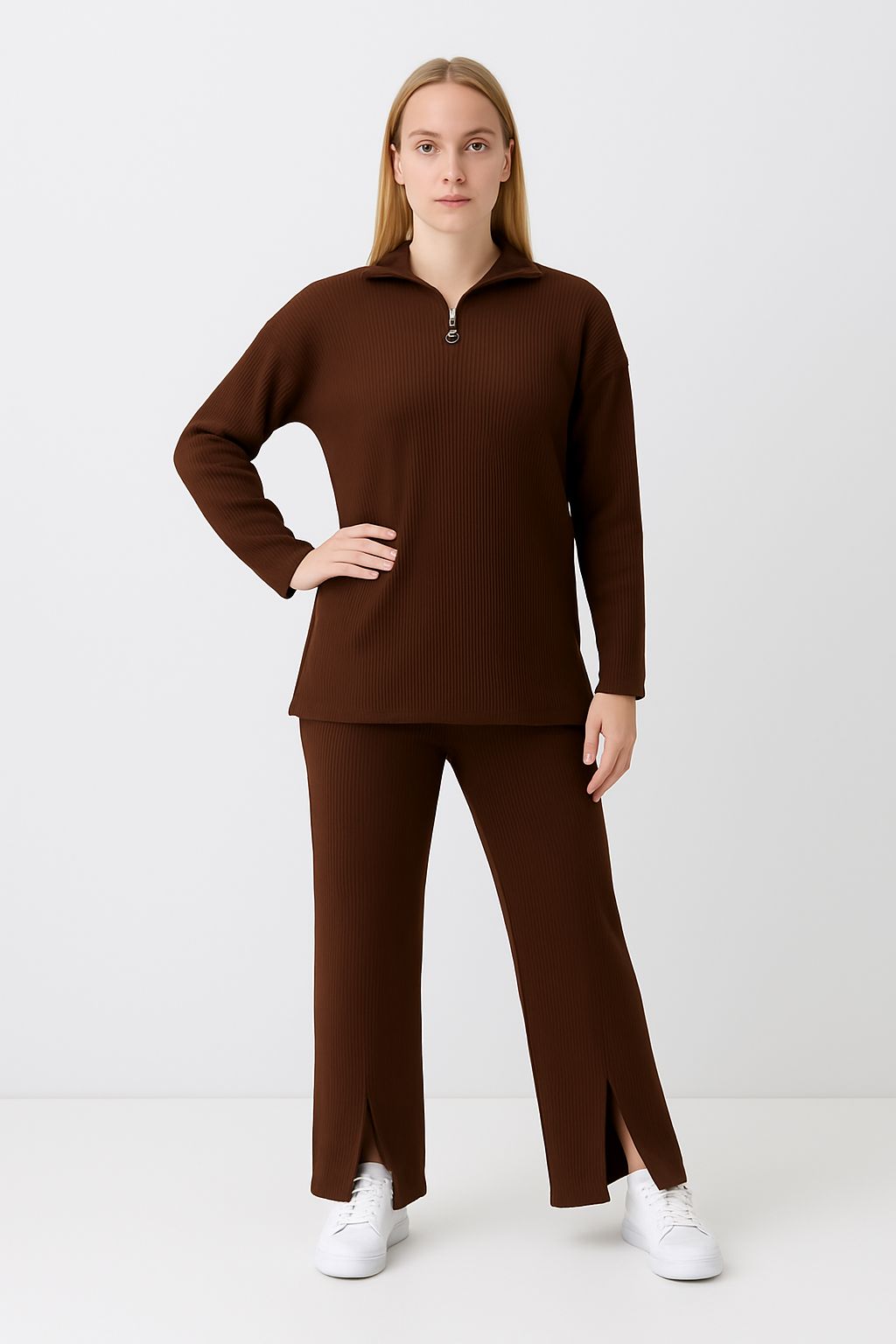 Kadın Fermuar Detaylı Triko Alt Üst Takım Kahverengi - The Velavois