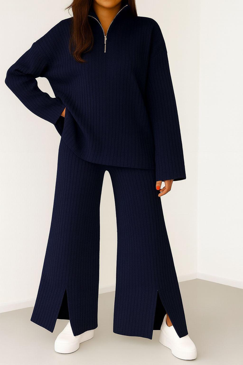 Kadın Fermuar Detaylı Triko Alt Üst Uzun Takım Lacivert - The Velavois