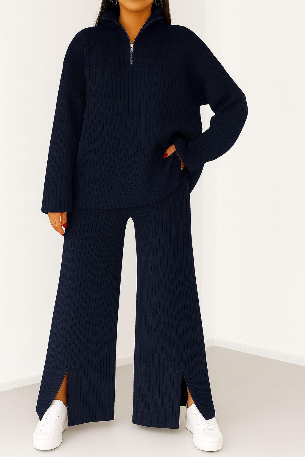 Kadın Fermuar Detaylı Triko Alt Üst Uzun Takım Lacivert - The Velavois