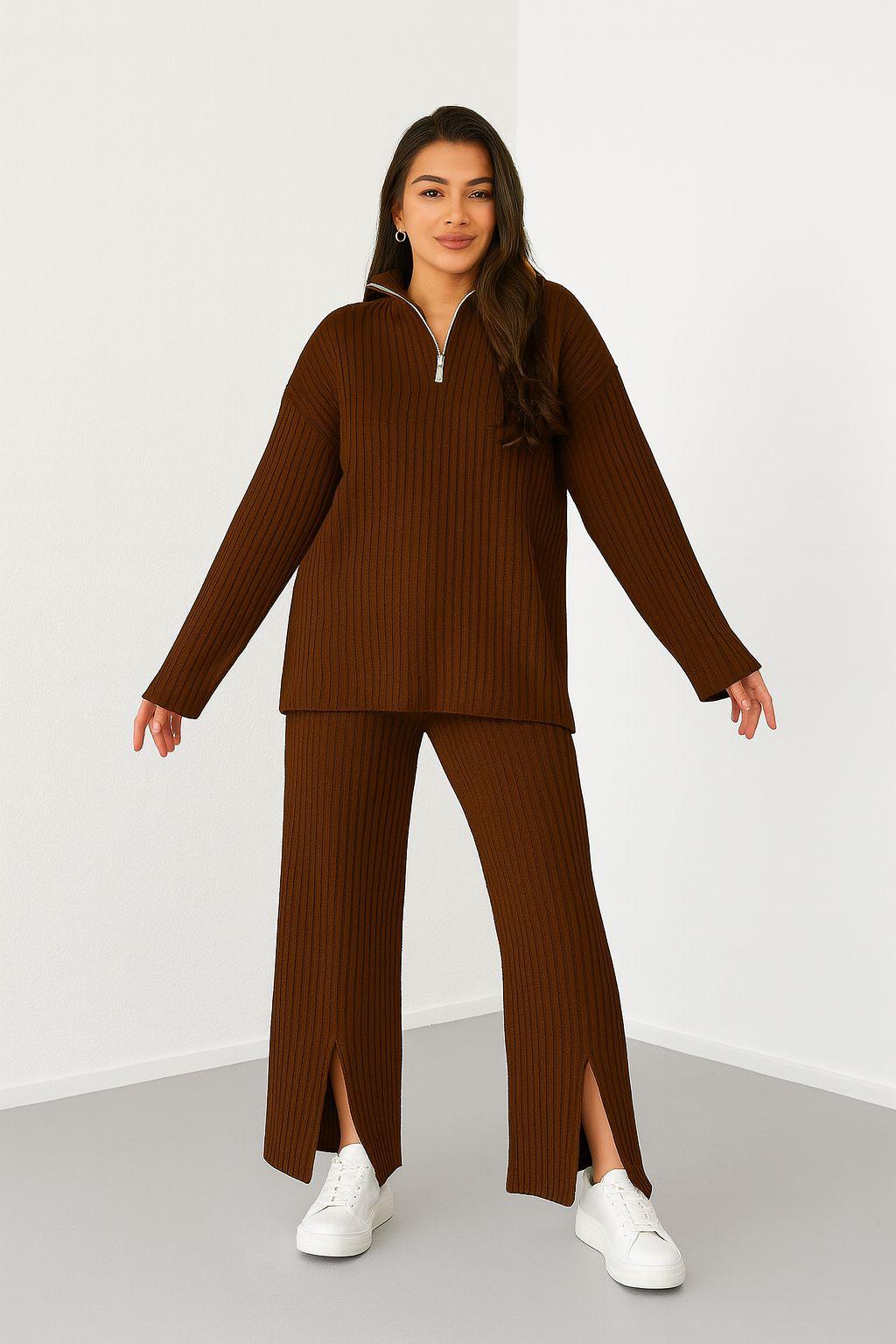 Kadın Fermuar Detaylı Triko Alt Üst Uzun Takım Kahverengi - The Velavois