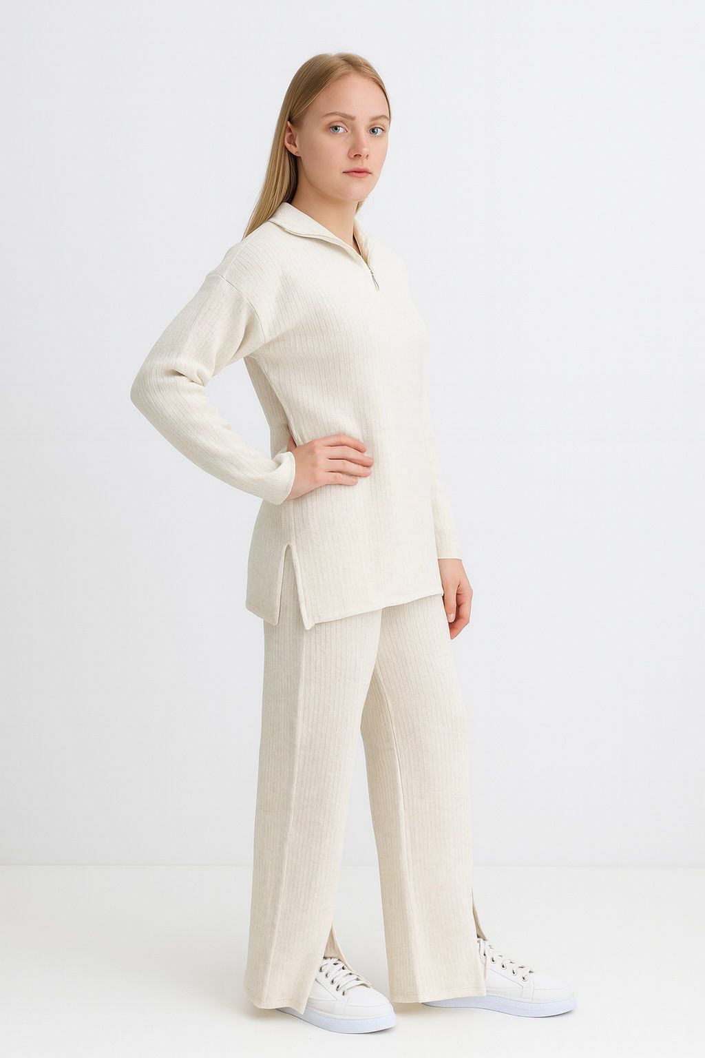 Kadın Fermuar Detaylı Triko Alt Üst Takım Beyaz - The Velavois