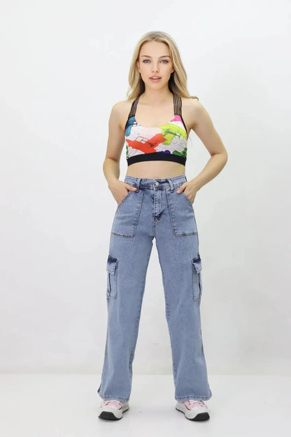 Kadın Kargo Cepli Kot Pantolon Mavi - The Velavois