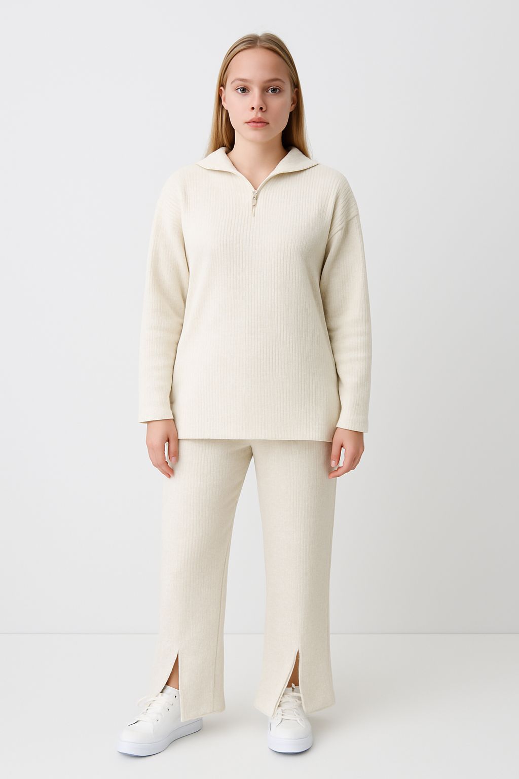 Kadın Fermuar Detaylı Triko Alt Üst Takım Beyaz - The Velavois