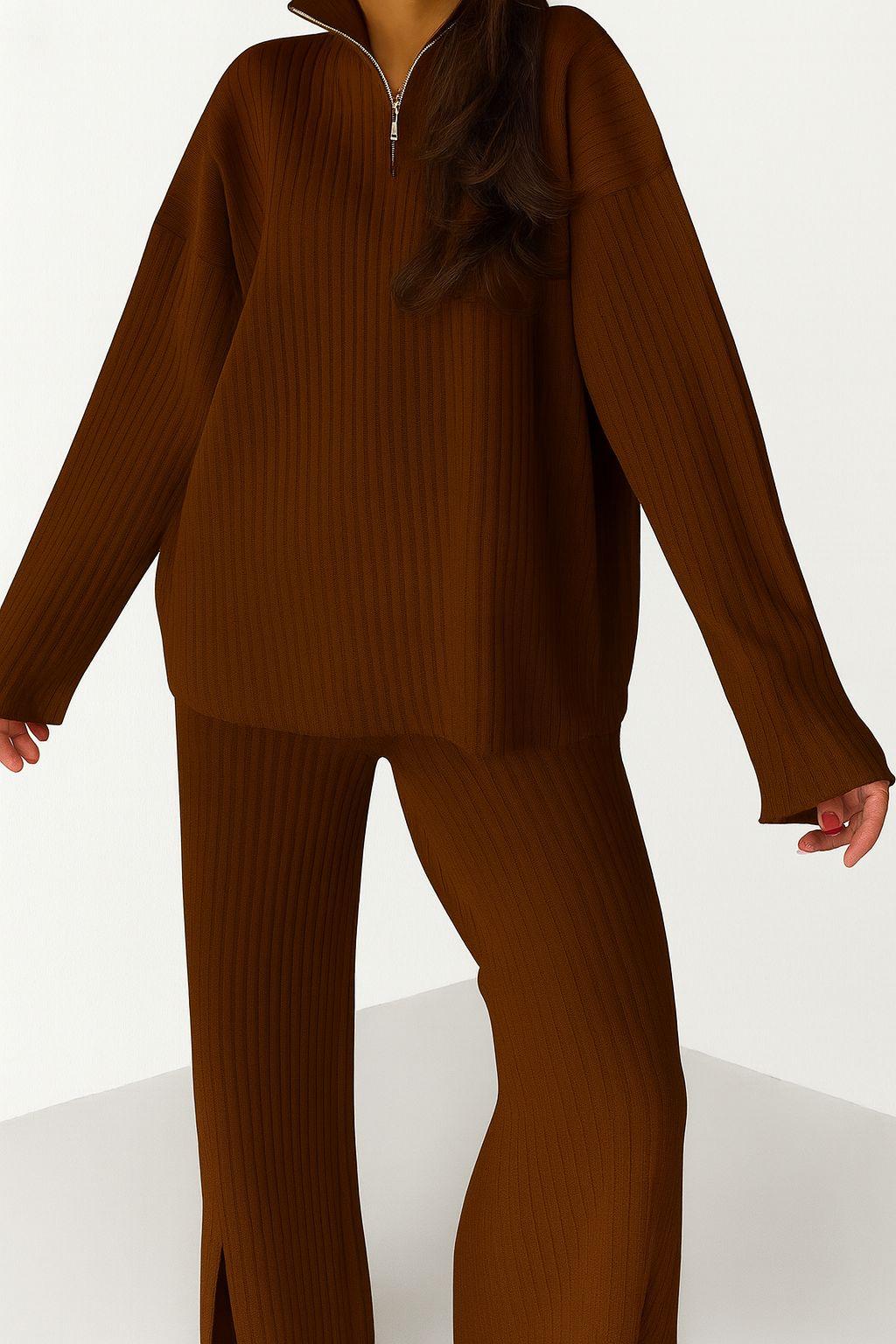 Kadın Fermuar Detaylı Triko Alt Üst Uzun Takım Kahverengi - The Velavois