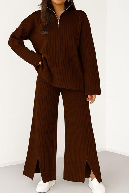 Kadın Fermuar Detaylı Triko Alt Üst Uzun Takım Kahverengi - The Velavois
