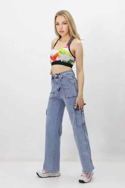 Kadın Kargo Cepli Kot Pantolon Mavi - The Velavois