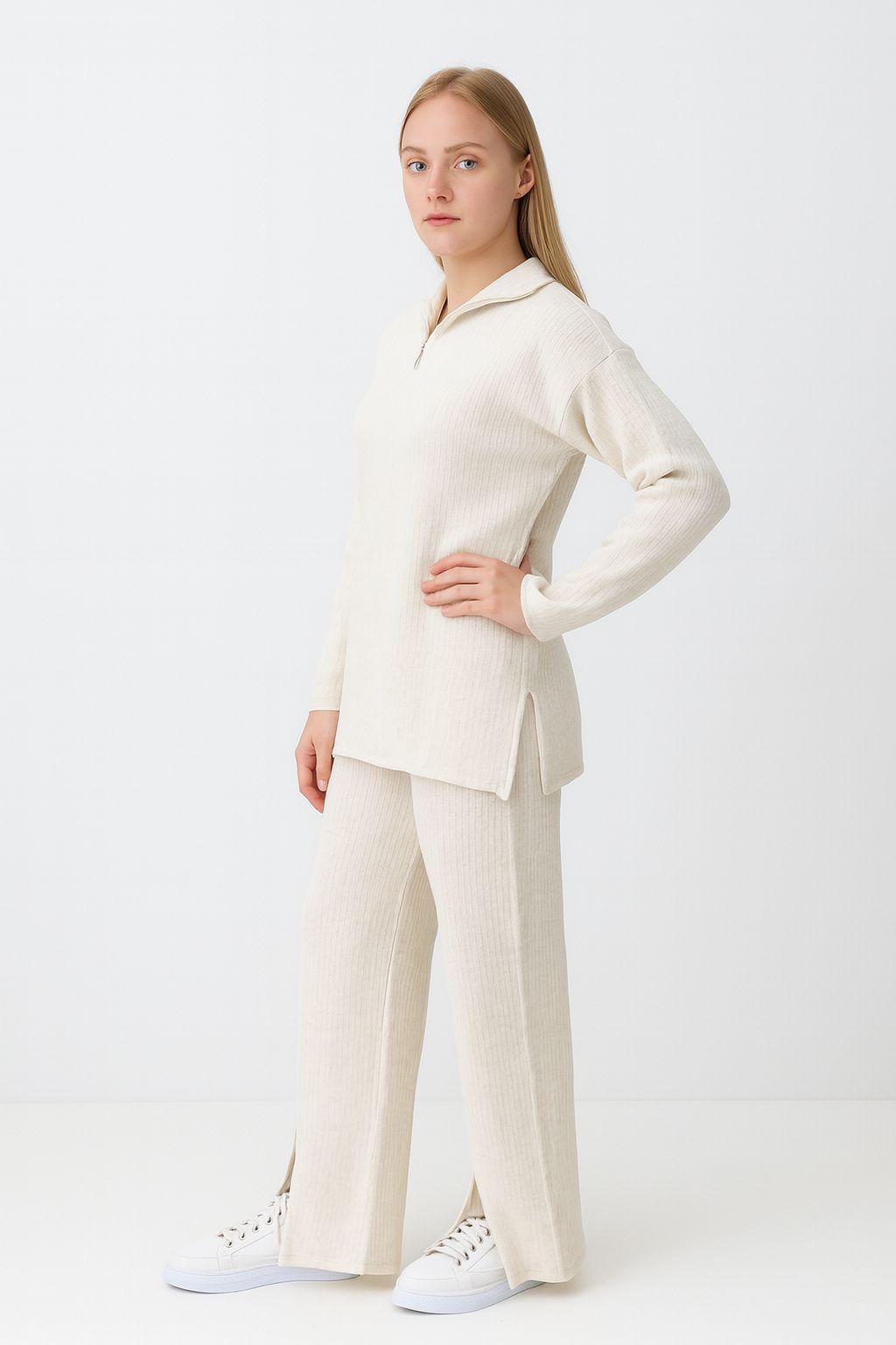 Kadın Fermuar Detaylı Triko Alt Üst Takım Beyaz - The Velavois