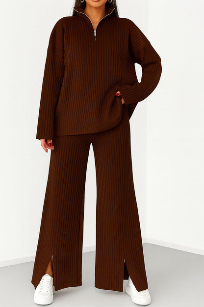 Kadın Fermuar Detaylı Triko Alt Üst Uzun Takım Kahverengi - The Velavois