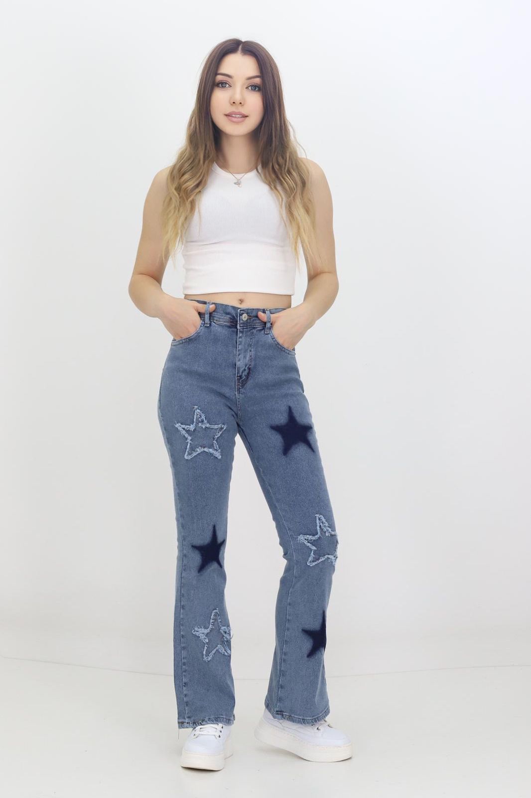 Kadın 6 Yıldızlı İspanyol Paça Kot Pantolon Mavi - The Velavois