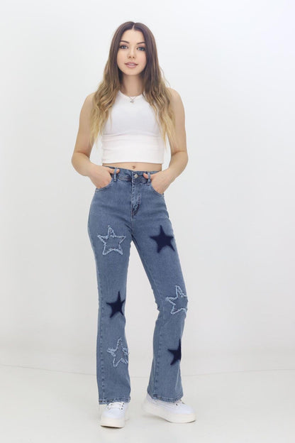 Kadın 6 Yıldızlı İspanyol Paça Kot Pantolon Mavi - The Velavois