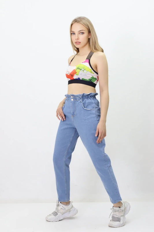 Kadın Beli Lastikli Kot Pantolon - Yüksek Bel, Jeans