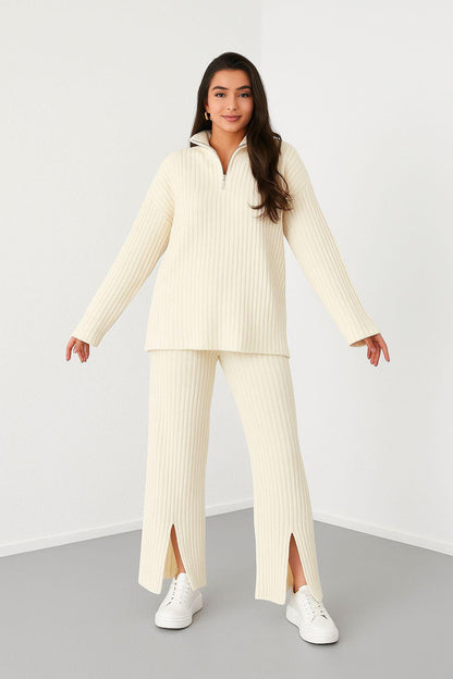 Kadın Fermuar Detaylı Triko Alt Üst Uzun Takım Bej - The Velavois