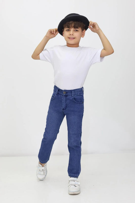 Erkek Çocuk Düz Kot Pantolon - Ayarlanabilir Bel, Dar Paça, Denim