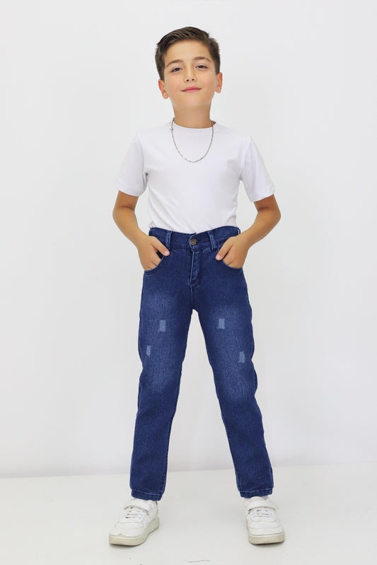 Erkek Çocuk Yıpratmalı Kot Pantolon – Ayarlanabilir Bel, Dar Paça, Denim