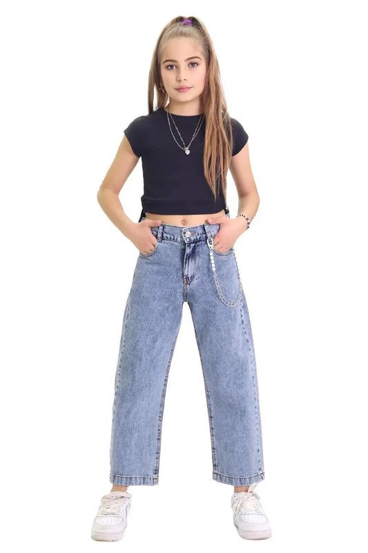 Kız Çocuk Zincir Detaylı Kot Pantolon – Yüksek Bel, Bol Paça, Mom Jeans