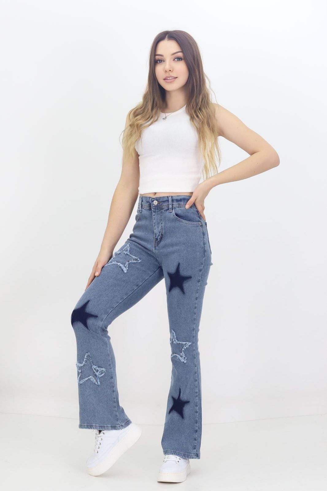 Kadın 6 Yıldızlı İspanyol Paça Kot Pantolon Mavi - The Velavois