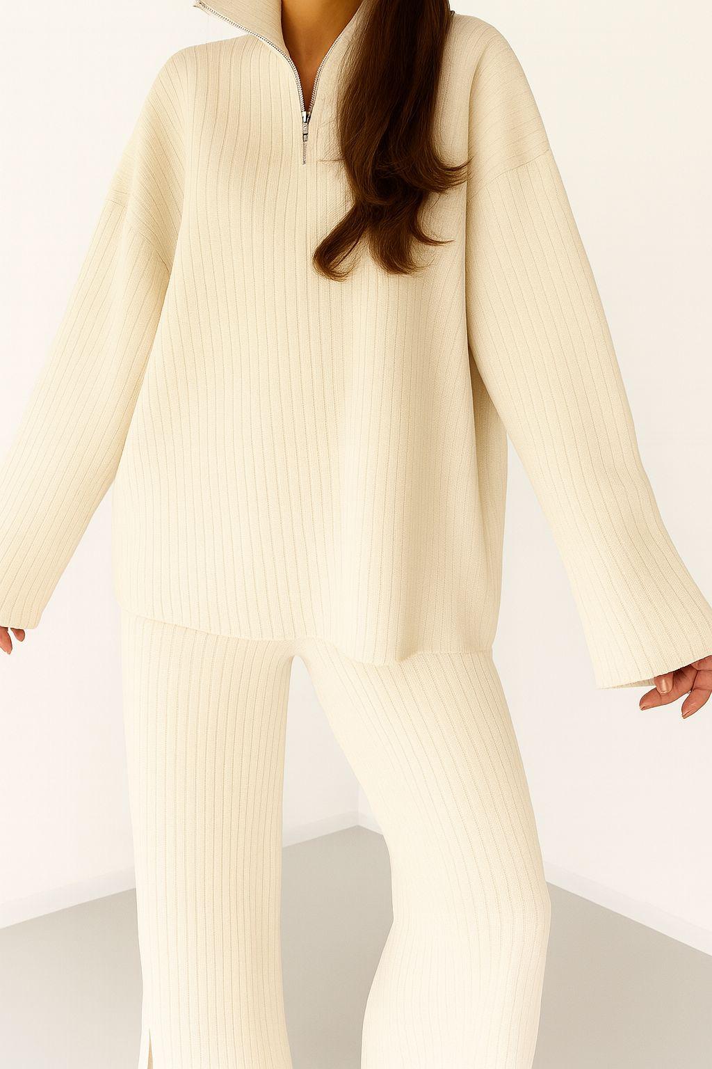Kadın Fermuar Detaylı Triko Alt Üst Uzun Takım Bej - The Velavois