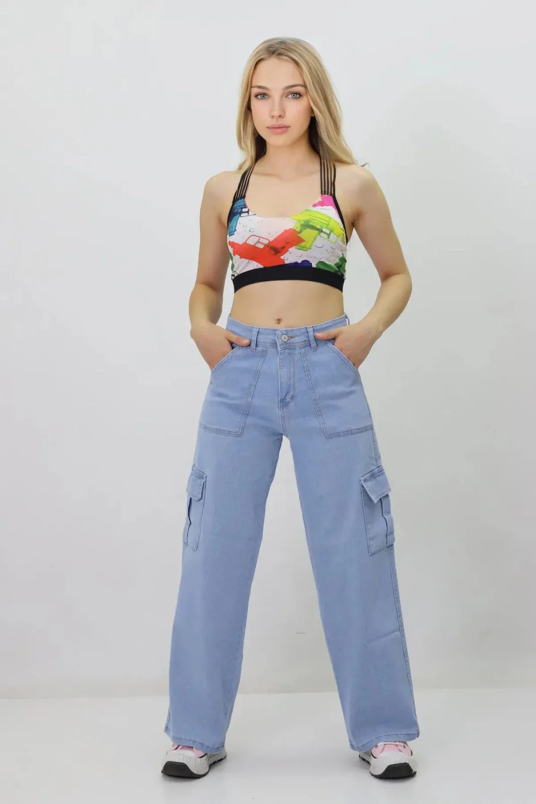 Kadın Kargo Cepli Kot Pantolon Buz Mavi - The Velavois