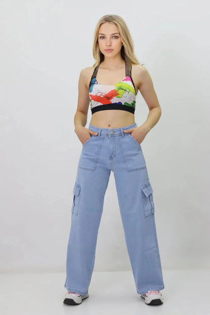 Kadın Kargo Cepli Kot Pantolon Buz Mavi - The Velavois