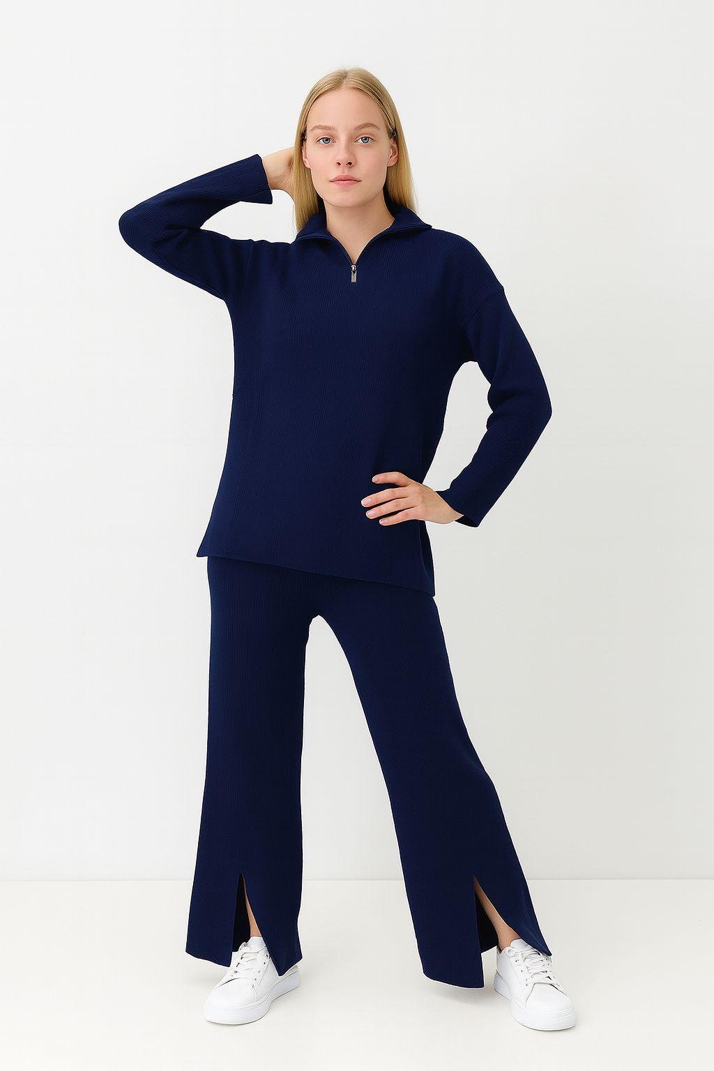 Kadın Fermuar Detaylı Triko Alt Üst Takım Lacivert - The Velavois