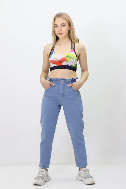 Kadın Beli Lastikli Kot Pantolon - Yüksek Bel, Jeans