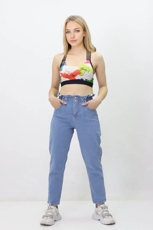 Kadın Beli Lastikli Kot Pantolon - Yüksek Bel, Jeans