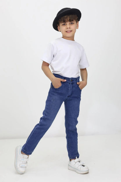 Erkek Çocuk Düz Kot Pantolon - Ayarlanabilir Bel, Dar Paça, Denim