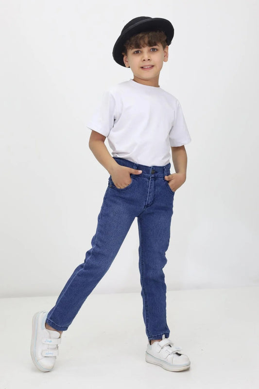 Erkek Çocuk Düz Kot Pantolon - Ayarlanabilir Bel, Dar Paça, Denim