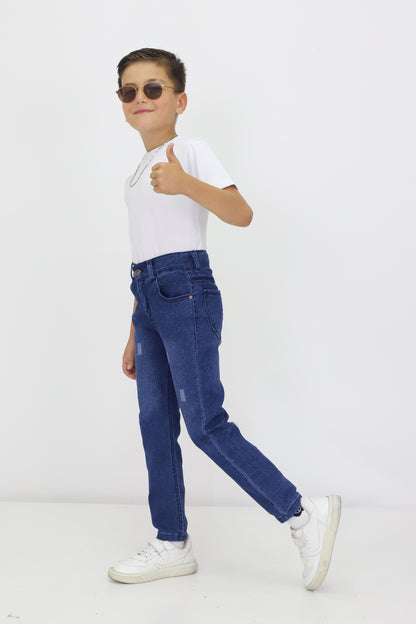 Erkek Çocuk Yıpratmalı Kot Pantolon – Ayarlanabilir Bel, Dar Paça, Denim