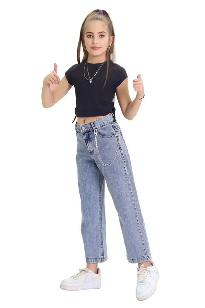 Kız Çocuk Zincir Detaylı Kot Pantolon Mavi - The Velavois