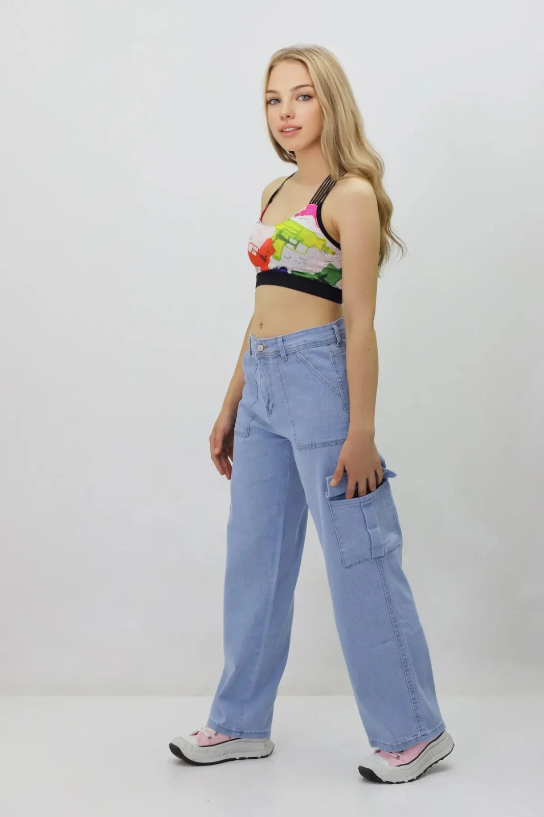 Kadın Kargo Cepli Kot Pantolon Buz Mavi - The Velavois