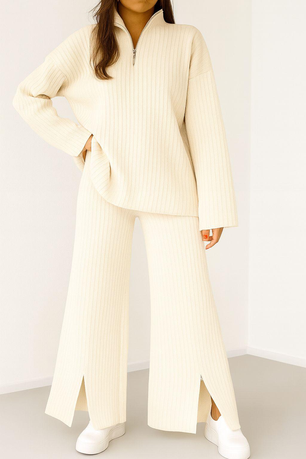 Kadın Fermuar Detaylı Triko Alt Üst Uzun Takım Bej - The Velavois