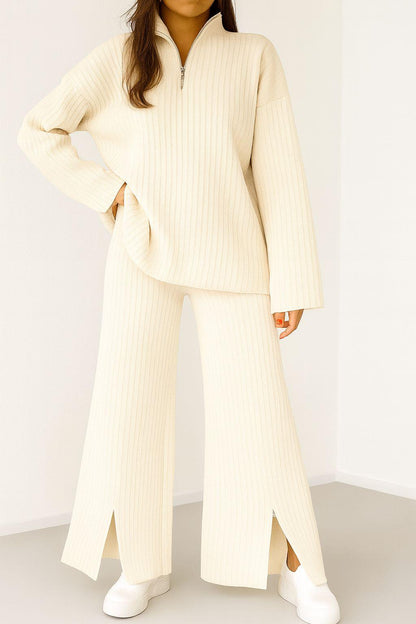 Kadın Fermuar Detaylı Triko Alt Üst Uzun Takım Bej - The Velavois