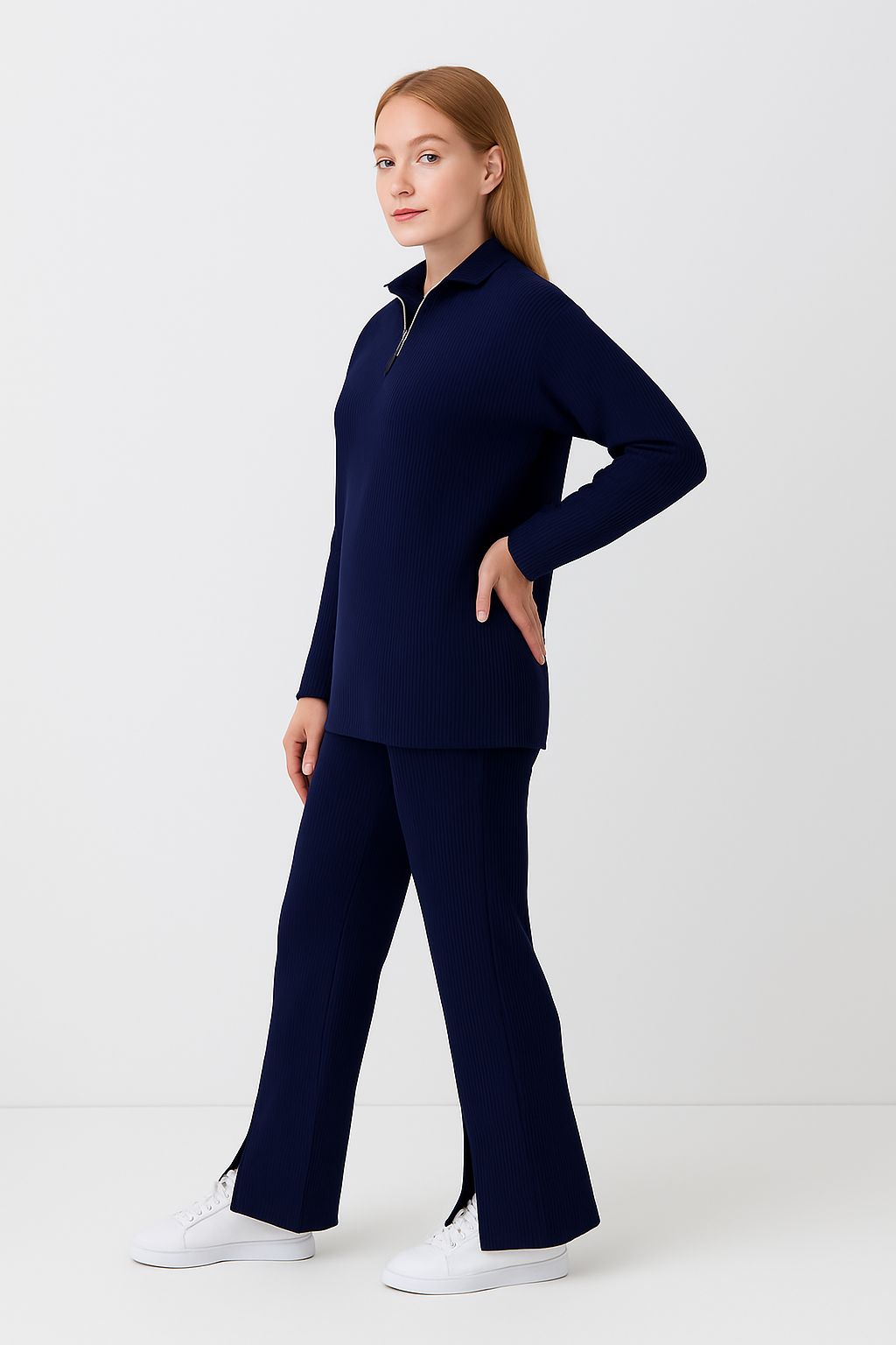 Kadın Fermuar Detaylı Triko Alt Üst Takım Lacivert - The Velavois